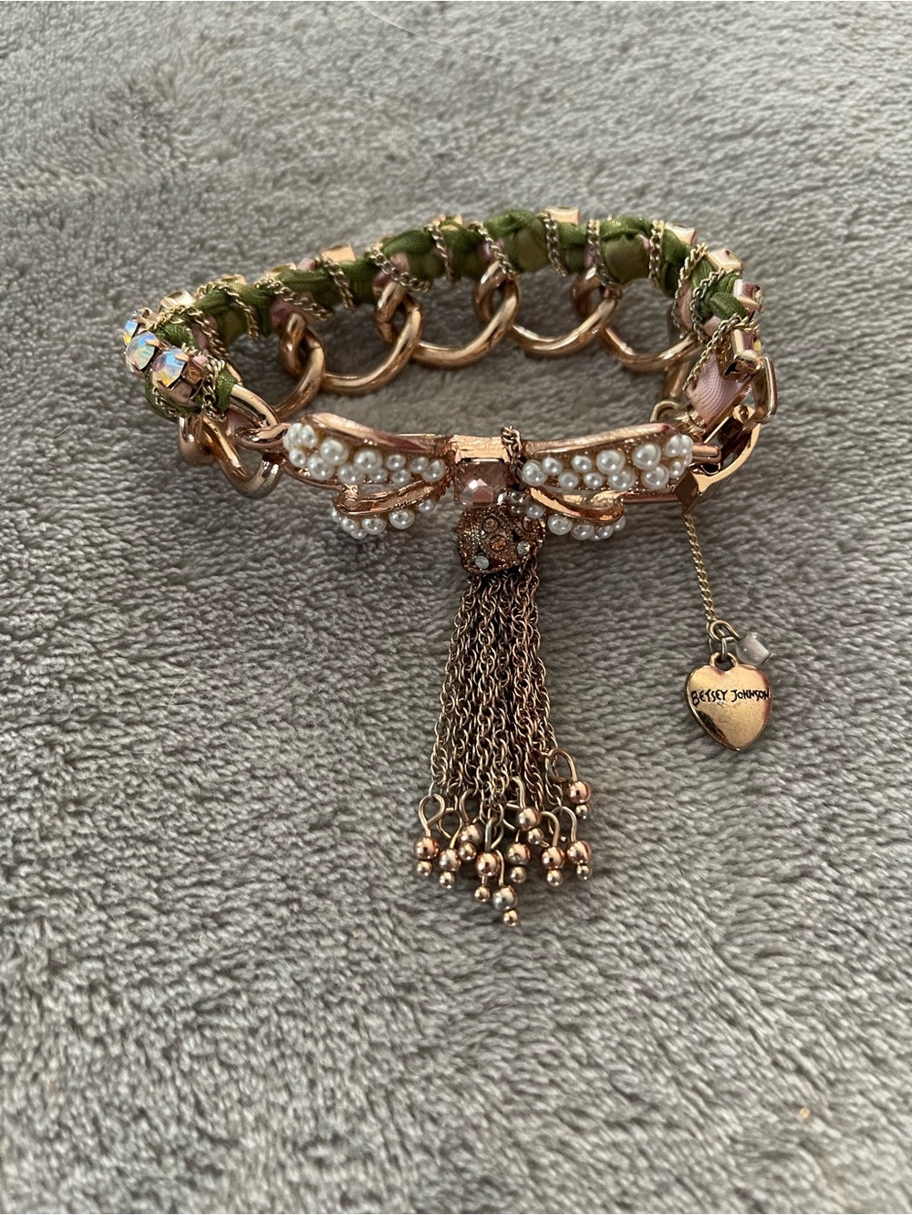 Betsey Johnson Rose Gold Pearl Bow Tassel Bracelet with Pink & Olive Green
